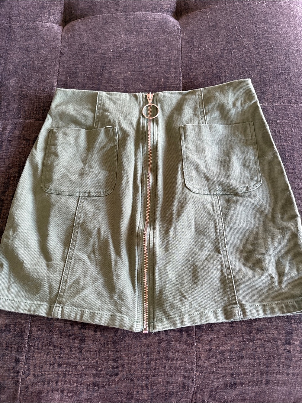 Blue Rain Olive Front-Zip Mini Skirt with Patch Pockets